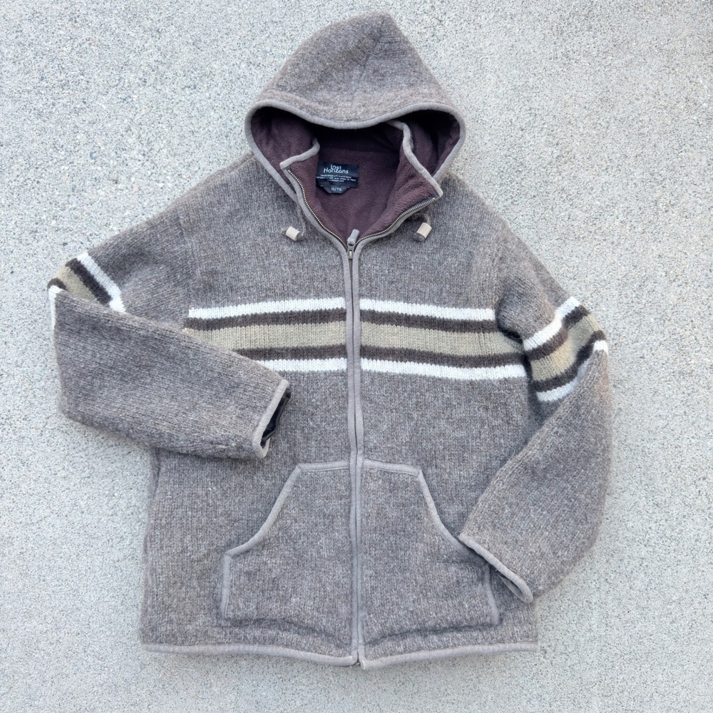Lost Horizons Wool Full Zip Wayne Hoodie Mens XL Brown Striped